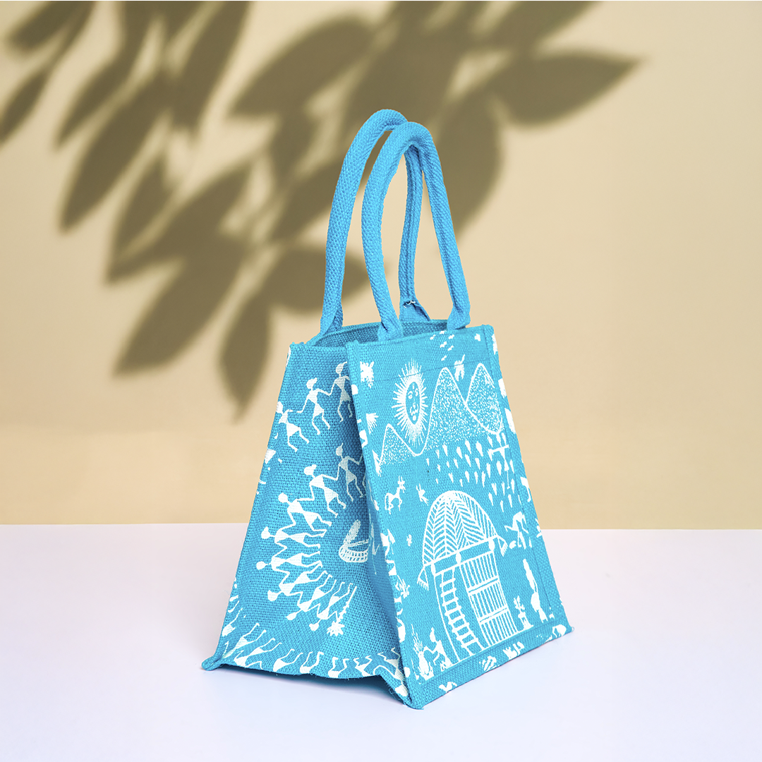 Warli Print Zipper Jute Lunch Bag