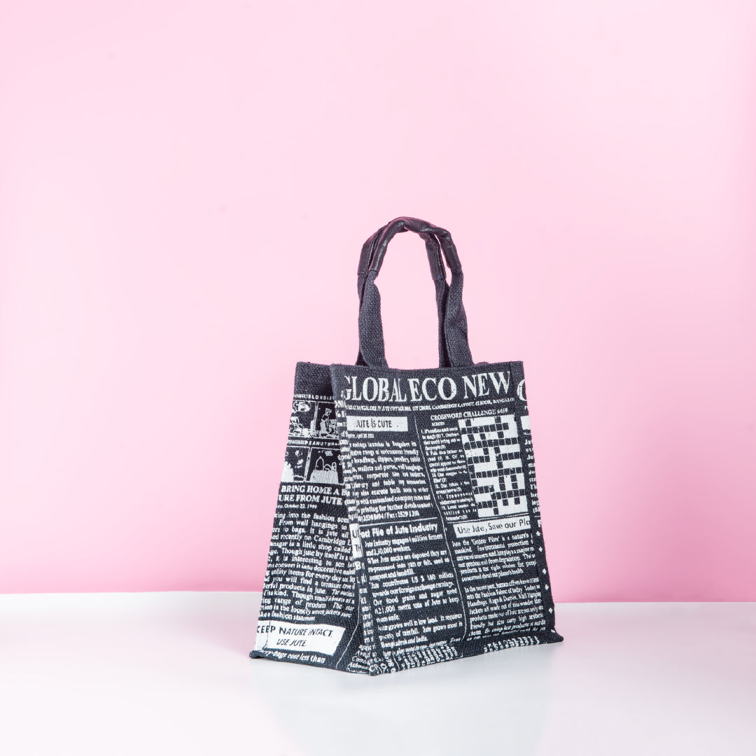 Global Newspaper Print Jute Lunch Bag Small Black