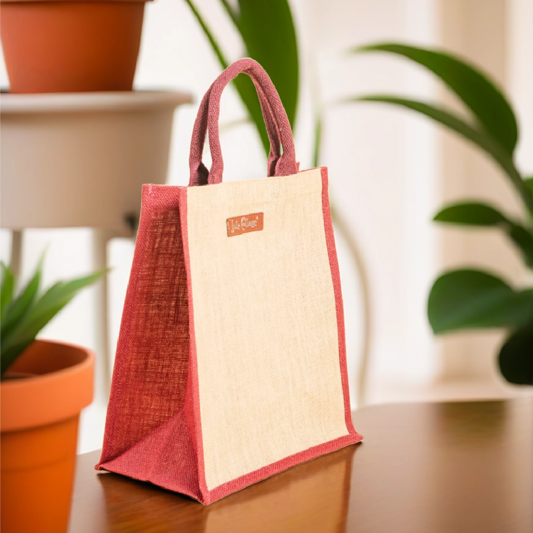 Maroon and Natural Jute Lunch Bag