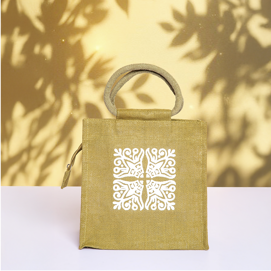 Motif Zipper Jute Lunch Bag