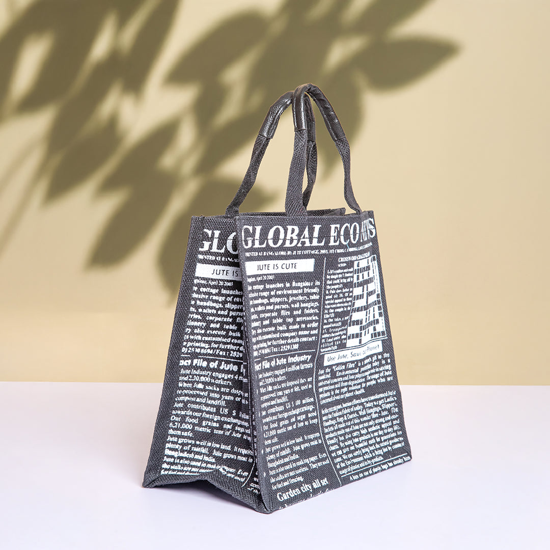 Global Newspaper Print Jute Lunch Bag Medium Black