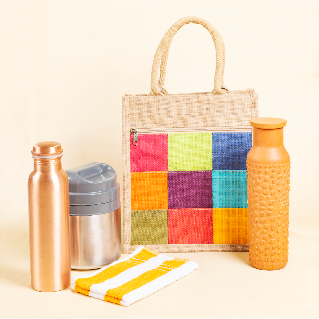 Multicolor Patchwork Jute Lunch Bag