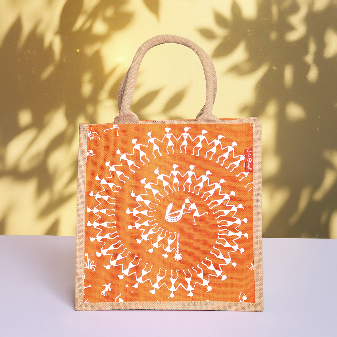 Combo of Jute Orange Warli Lunch Bag and Orange Warli Bottle Bag