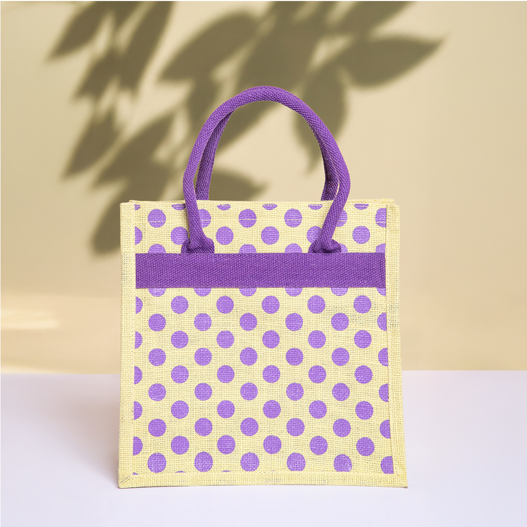 Polka Dot Jute Lunch Bag with Zipper