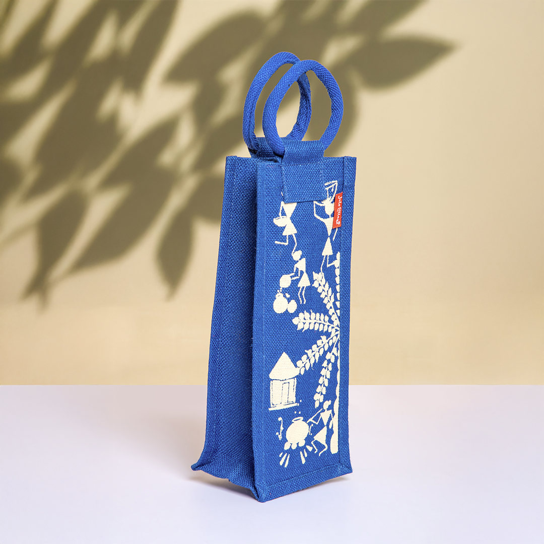 Warli Placement Print Jute Bottle Bag