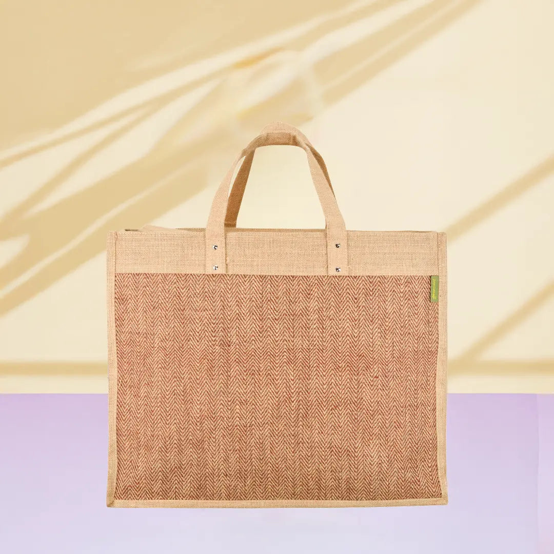 Herringbone Jute Zipper Shopping bag with Bottom board