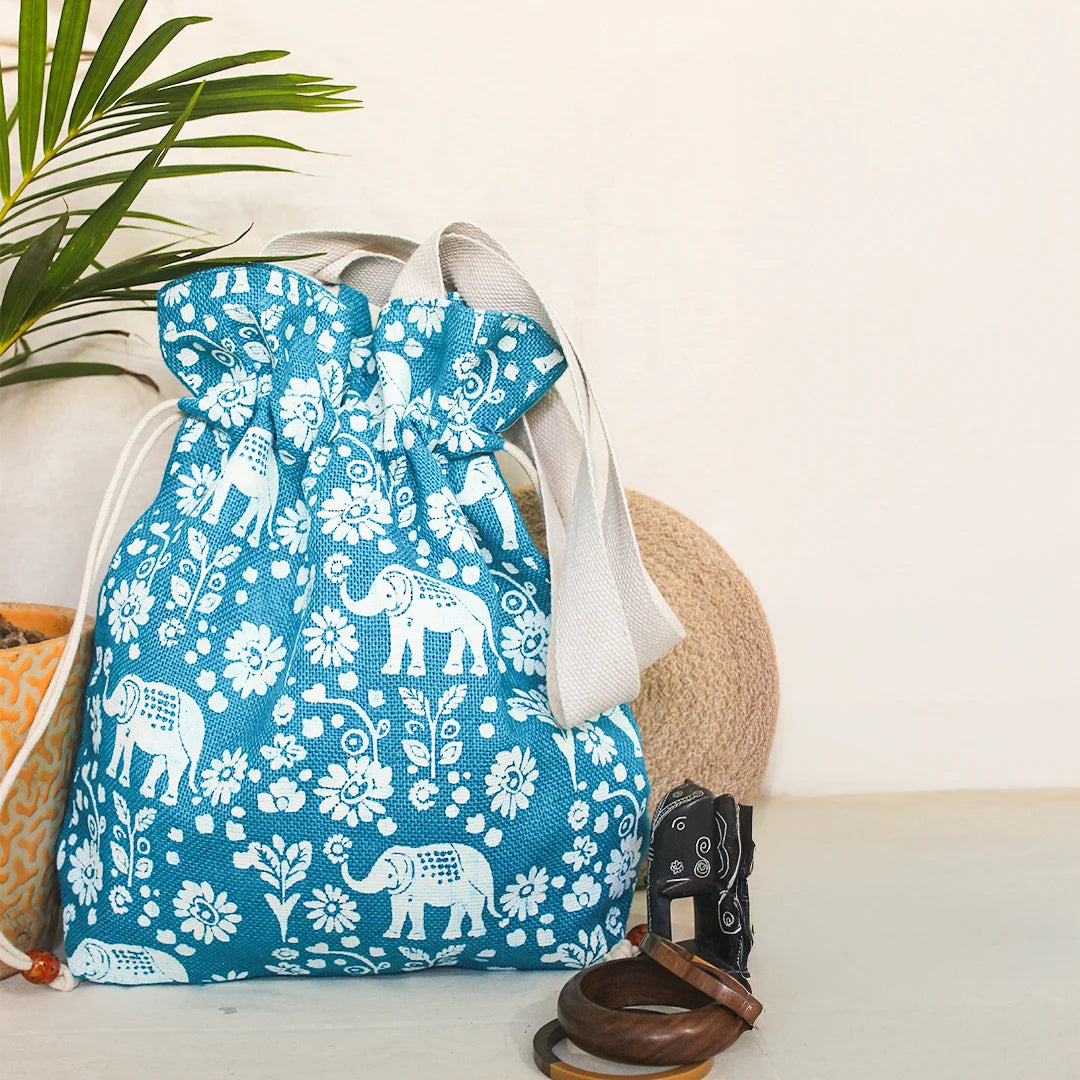 Elephant Print Jute Potli style bag
