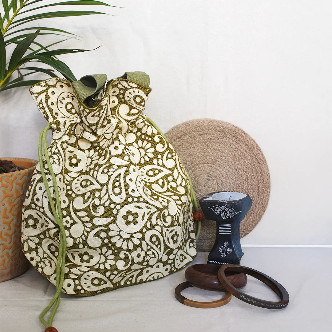 Paisley print Jute Potli style bag