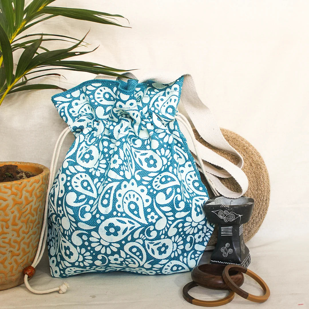Paisley print Jute Potli style bag
