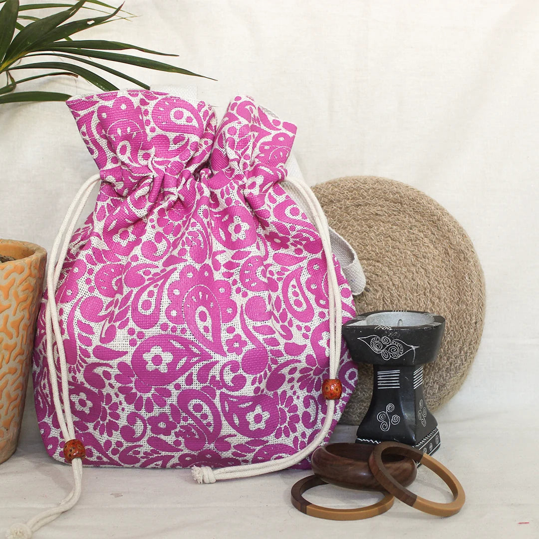 Paisley print Jute Potli style bag