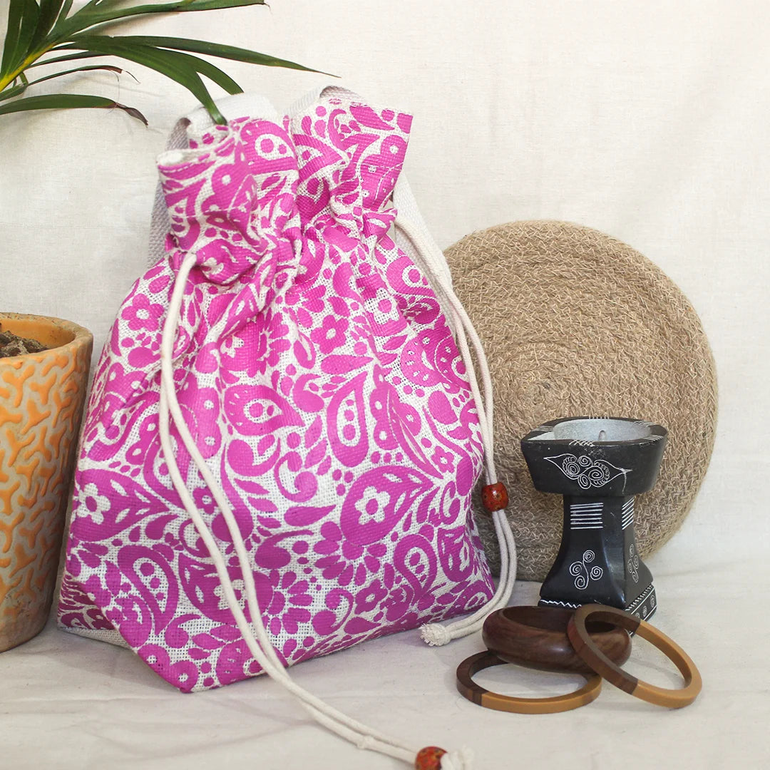Paisley print Jute Potli style bag