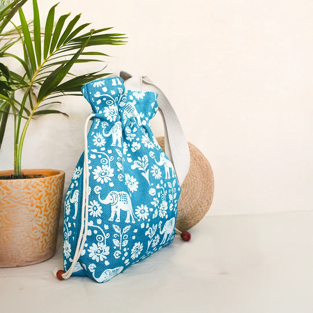 Elephant Print Jute Potli style bag