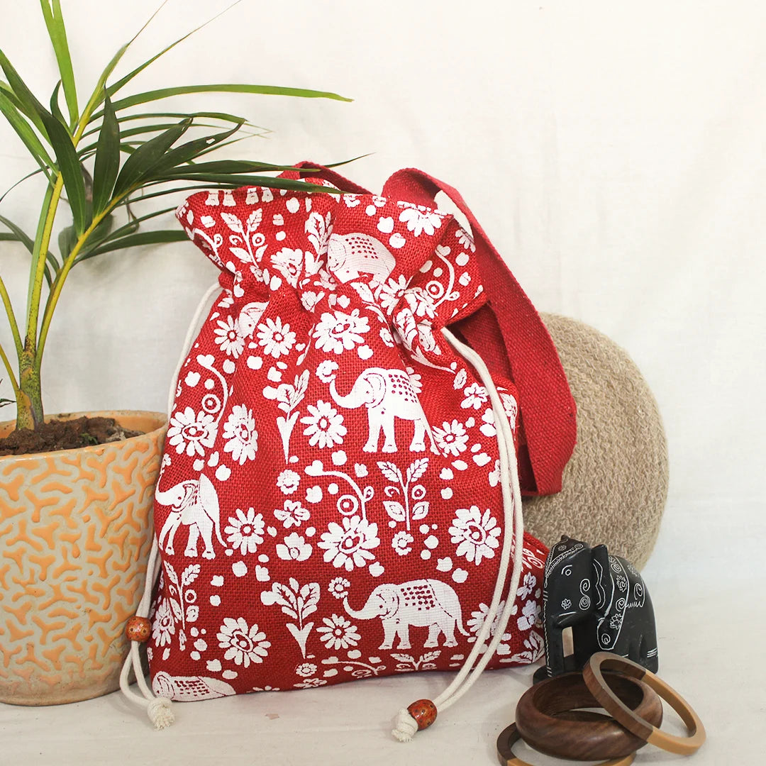 Elephant Print Jute Potli style bag