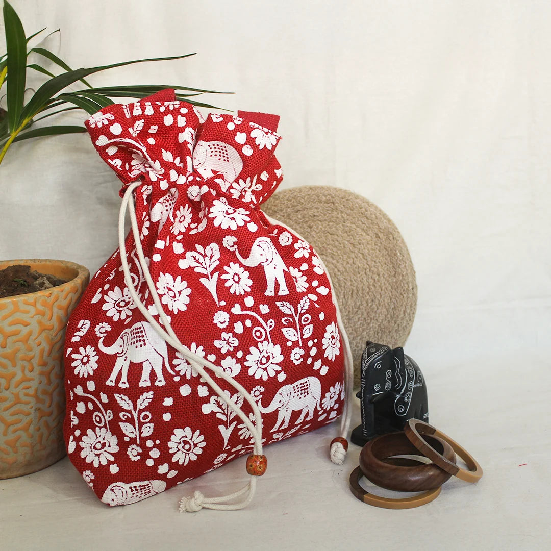 Elephant Print Jute Potli style bag