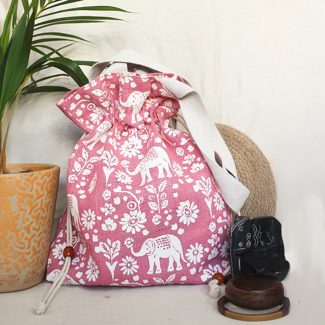 Elephant Print Jute Potli style bag