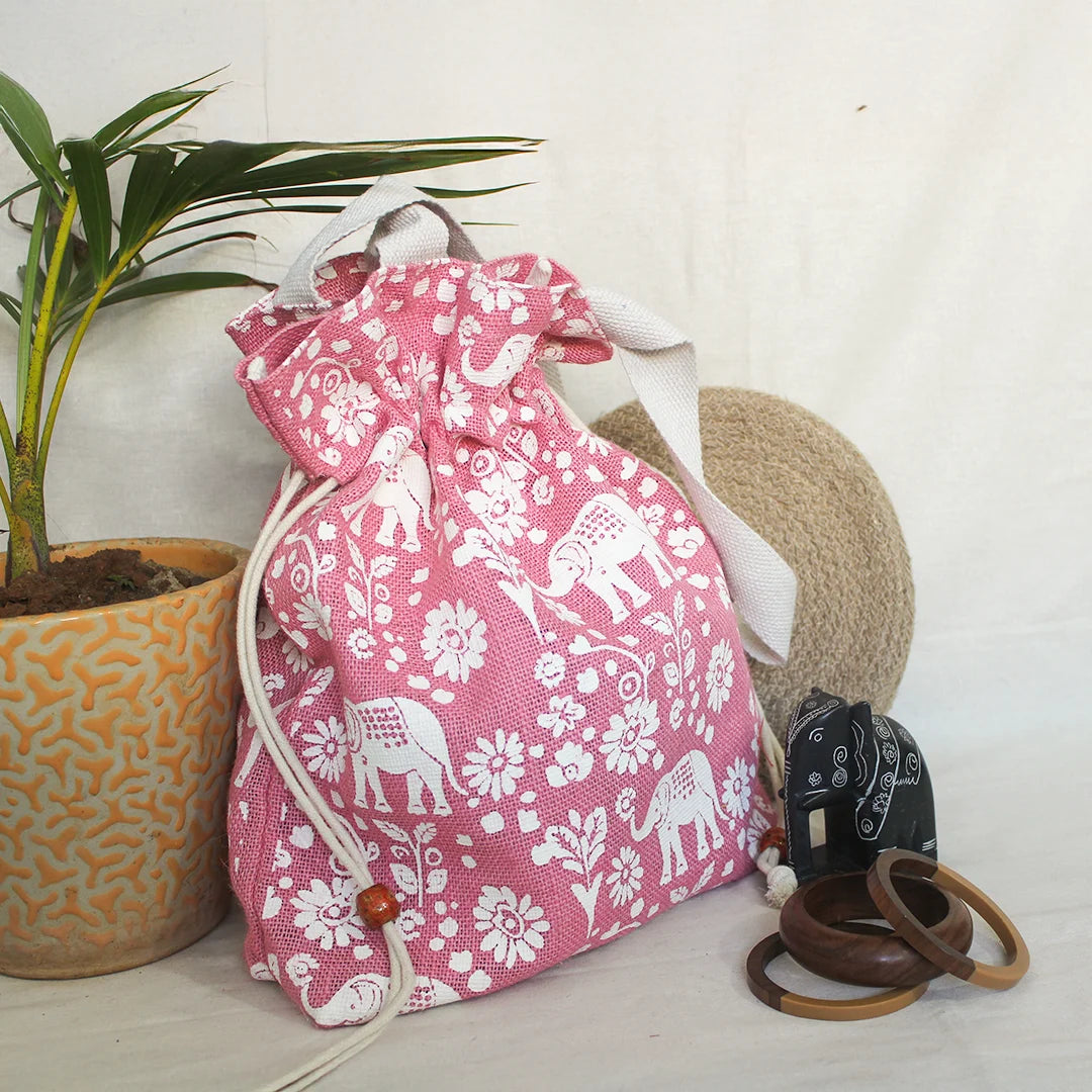 Elephant Print Jute Potli style bag
