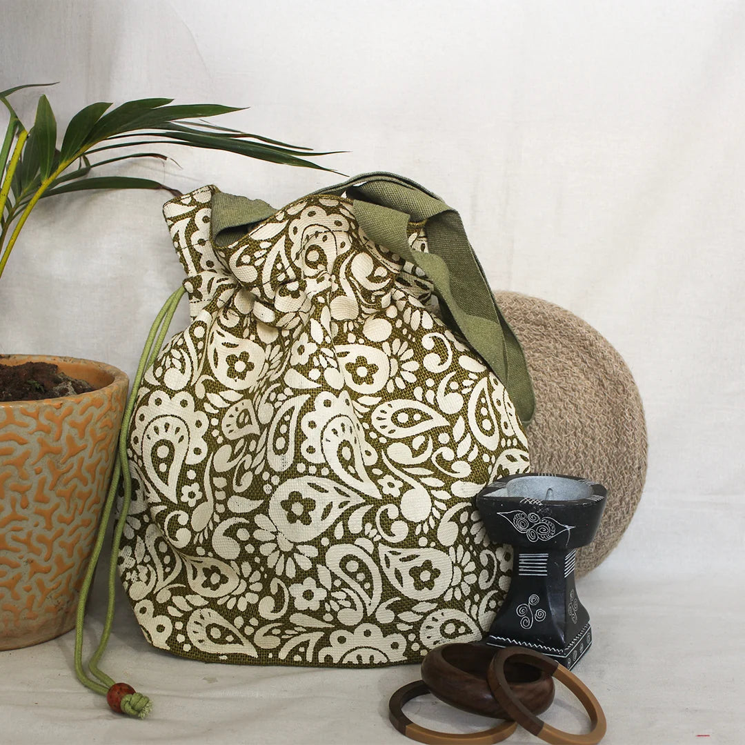 Paisley print Jute Potli style bag