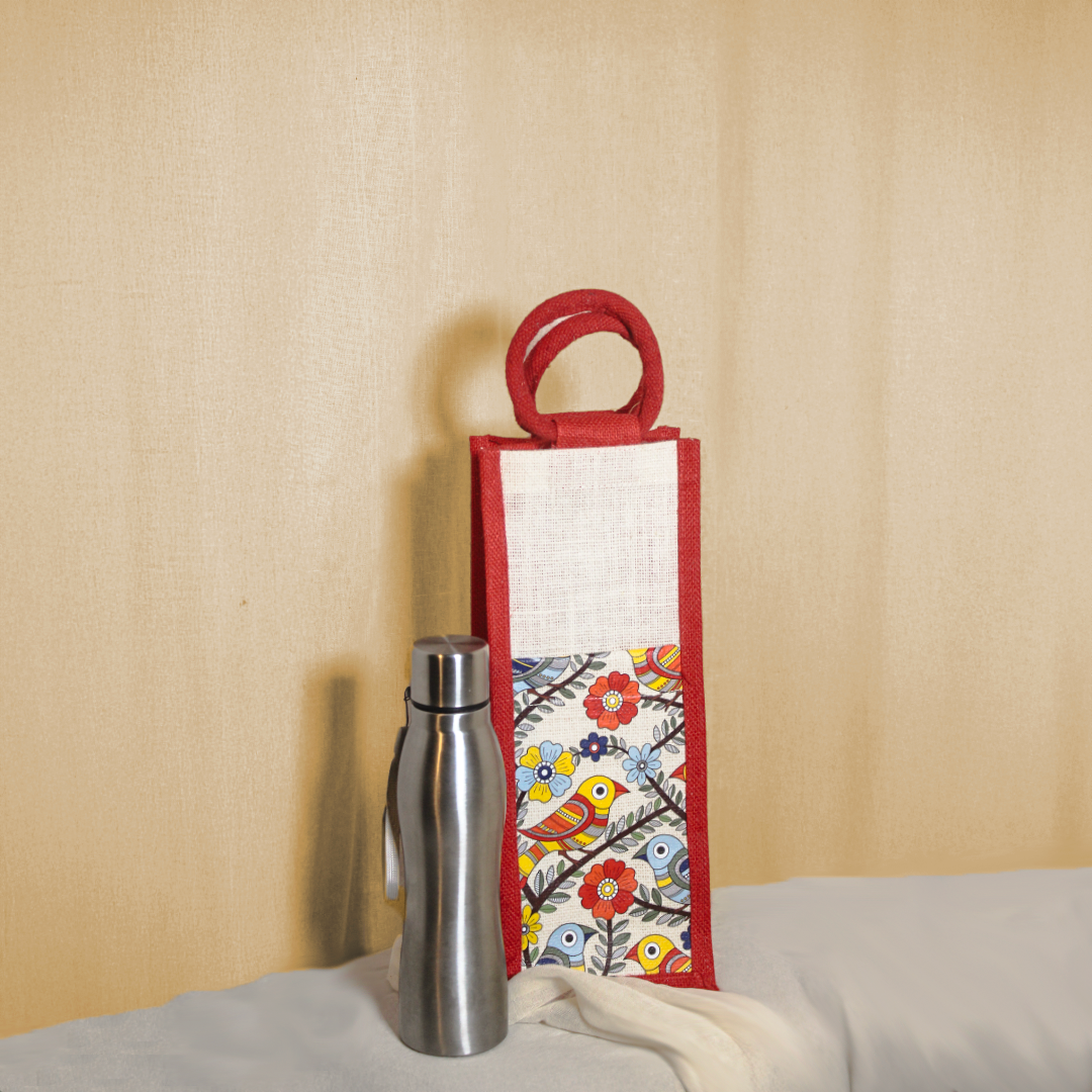 Madhubani Bird Jute bottle bag