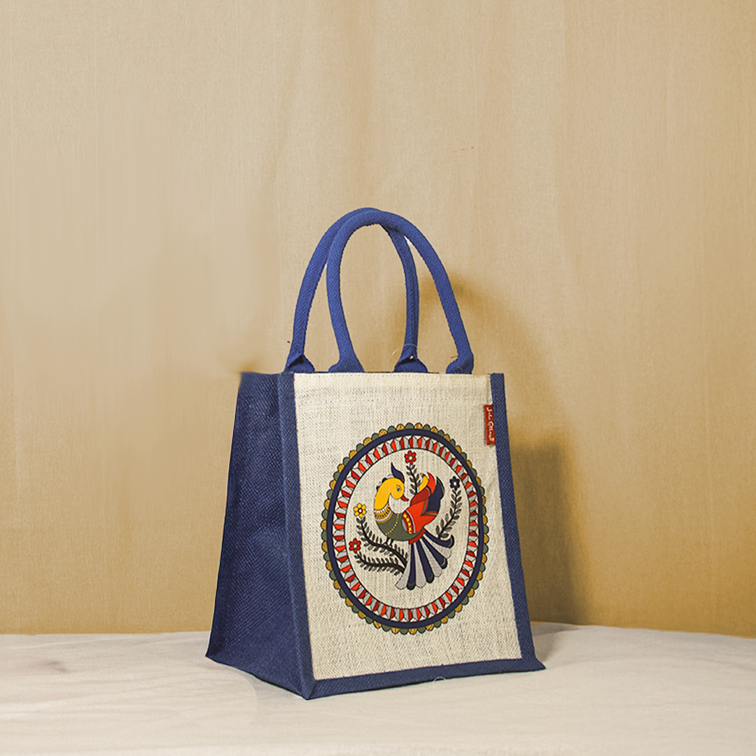 Madhubani Peacock Jute lunch bag