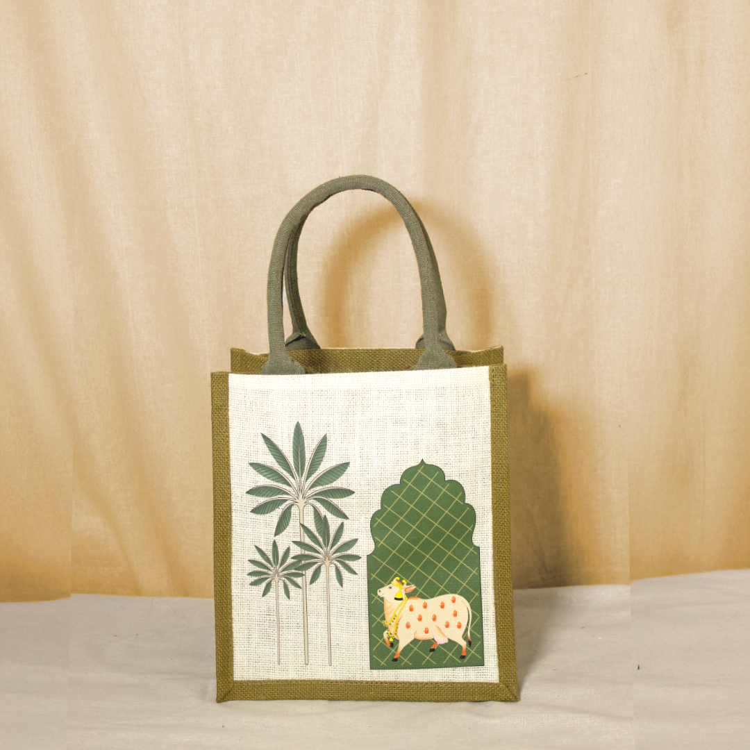 Pichwai Palm tree jute lunch bag
