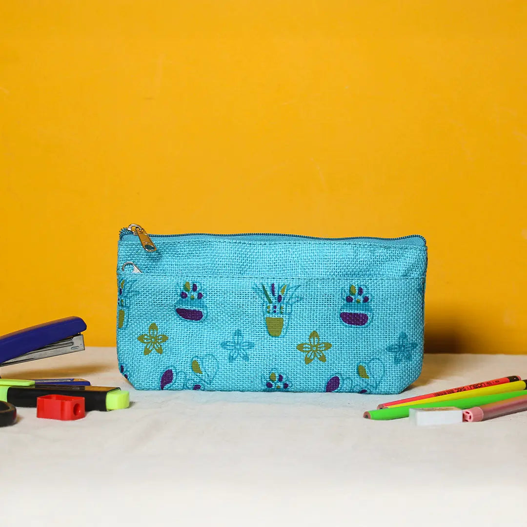 Plant print jute pencil pouch