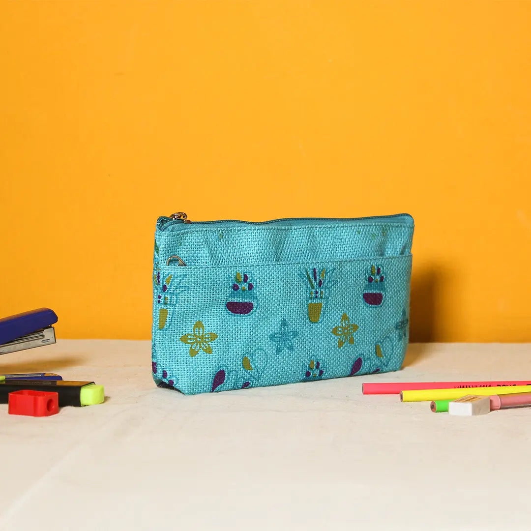 Plant print jute pencil pouch