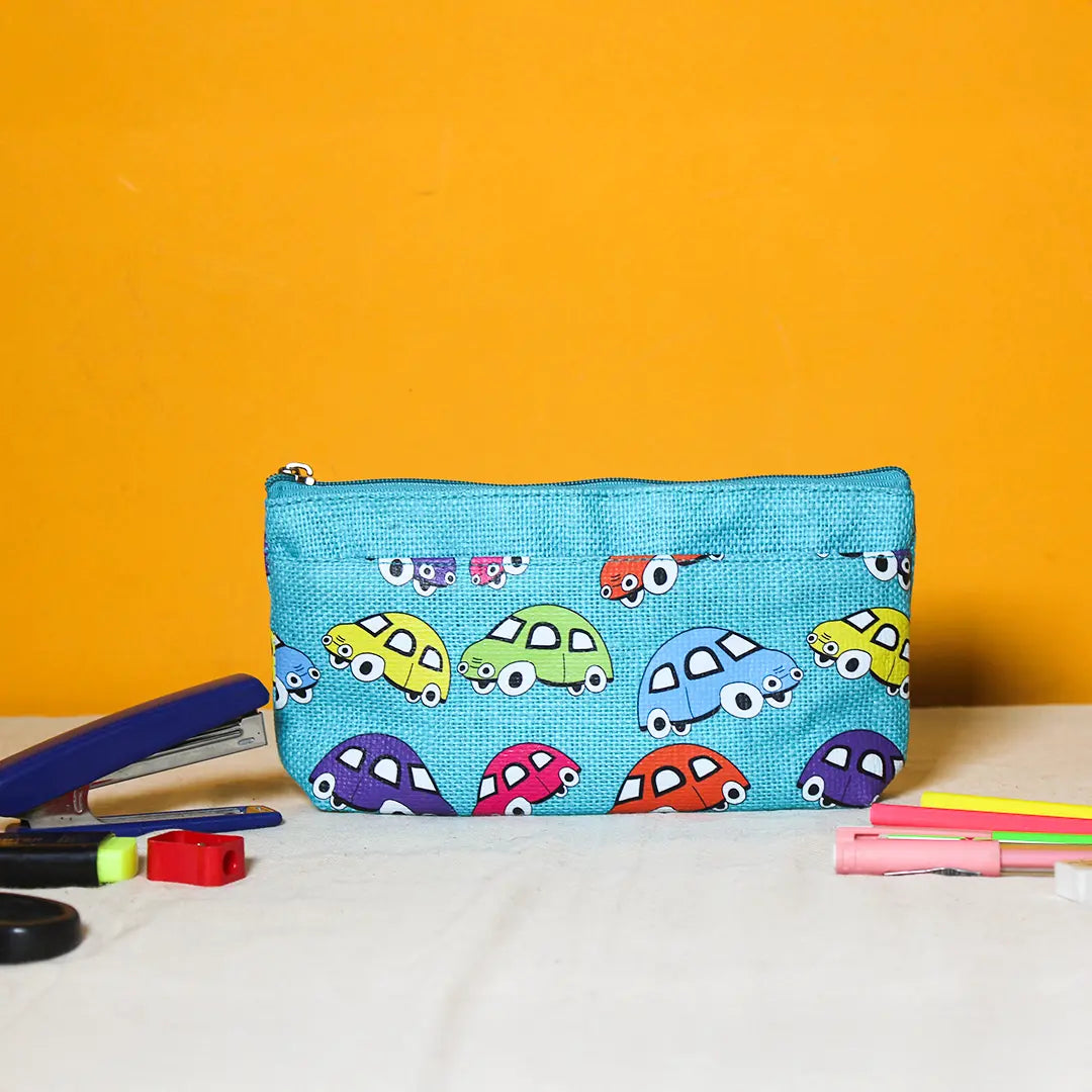 Car print double zip jute pouch
