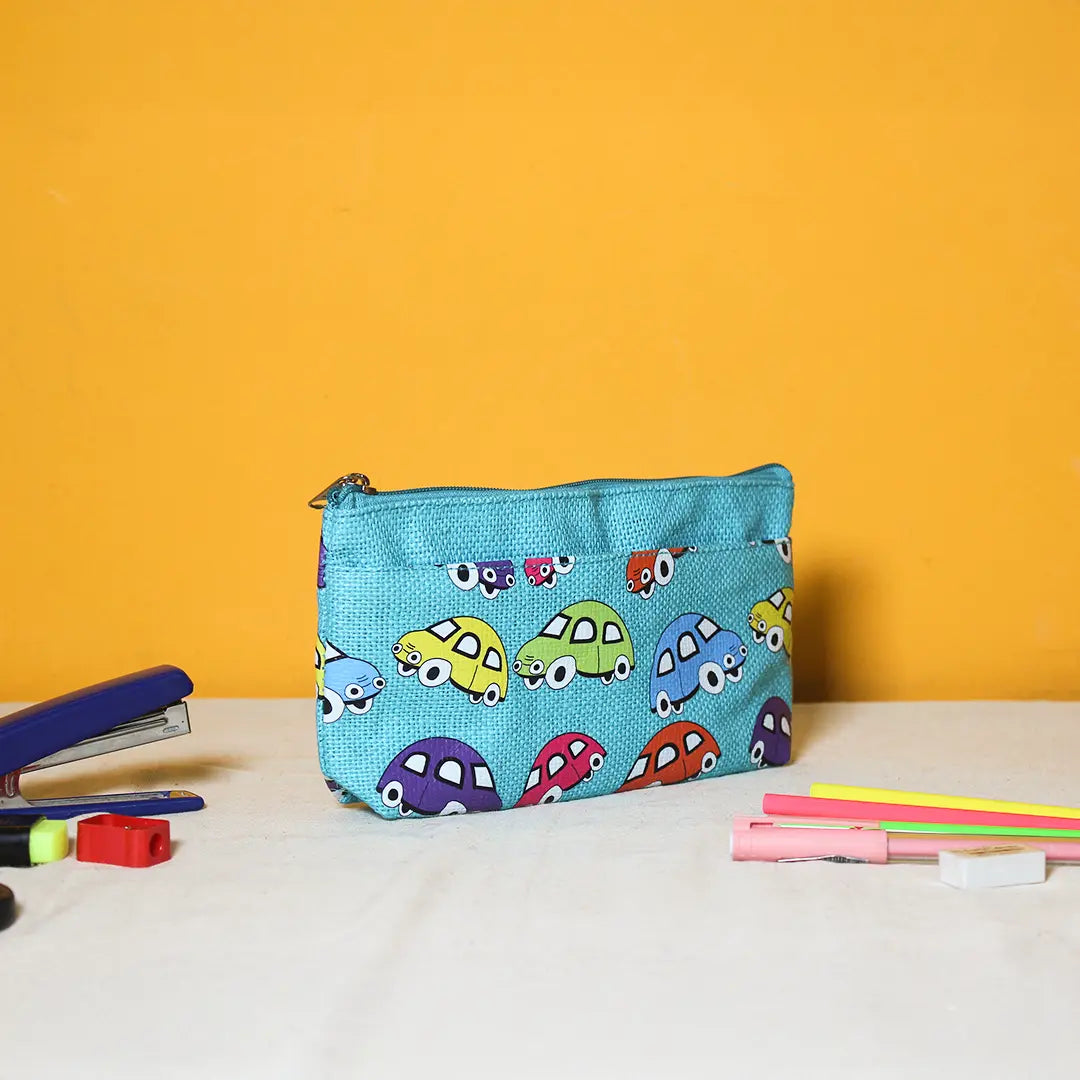 Car print double zip jute pouch