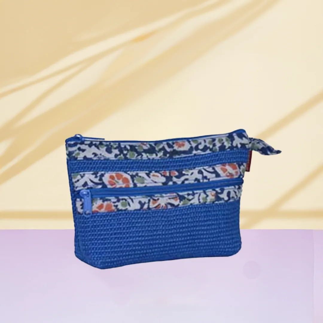 Combo of Jute Dobby Kalamkari 2 Zip Pouches (Blue and Natural)