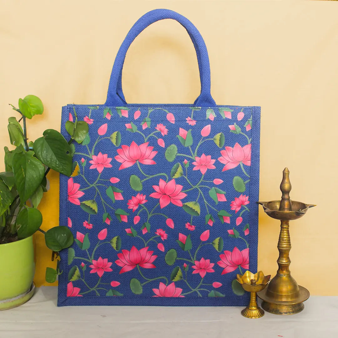 Pichwai Lotus Jute Shopping Bag