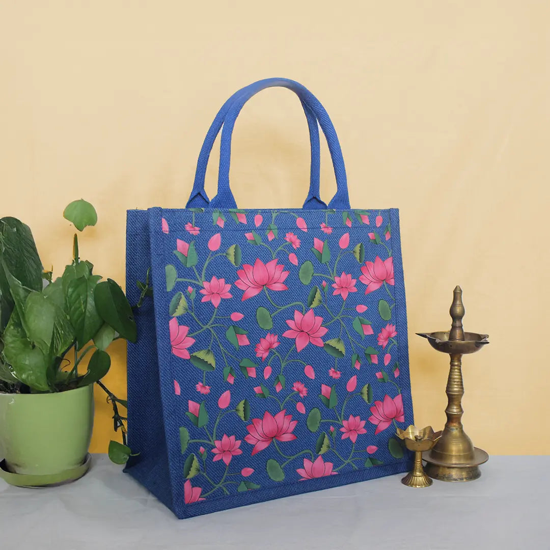 Pichwai Lotus Jute Shopping Bag