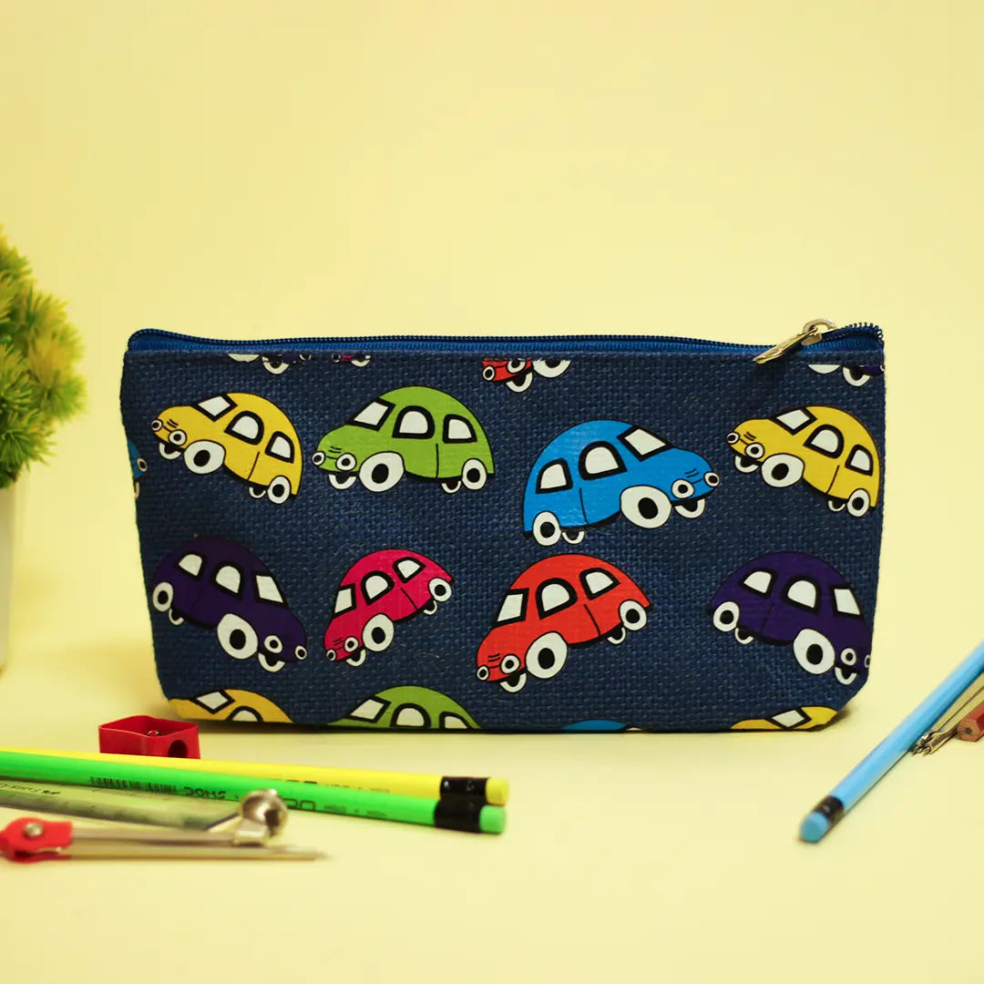 Car Print Single Zip Jute Pouch