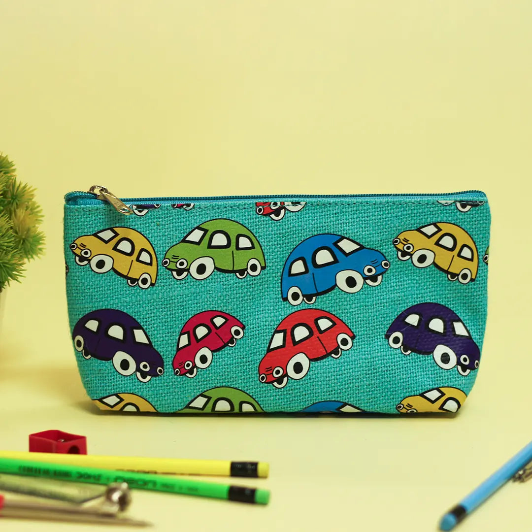 Car Print Single Zip Jute Pouch