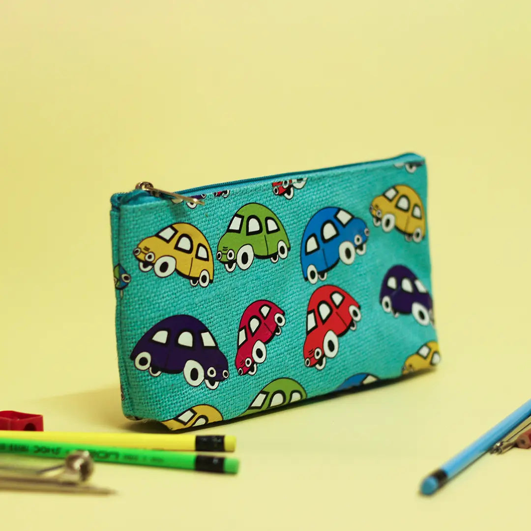 Car Print Single Zip Jute Pouch