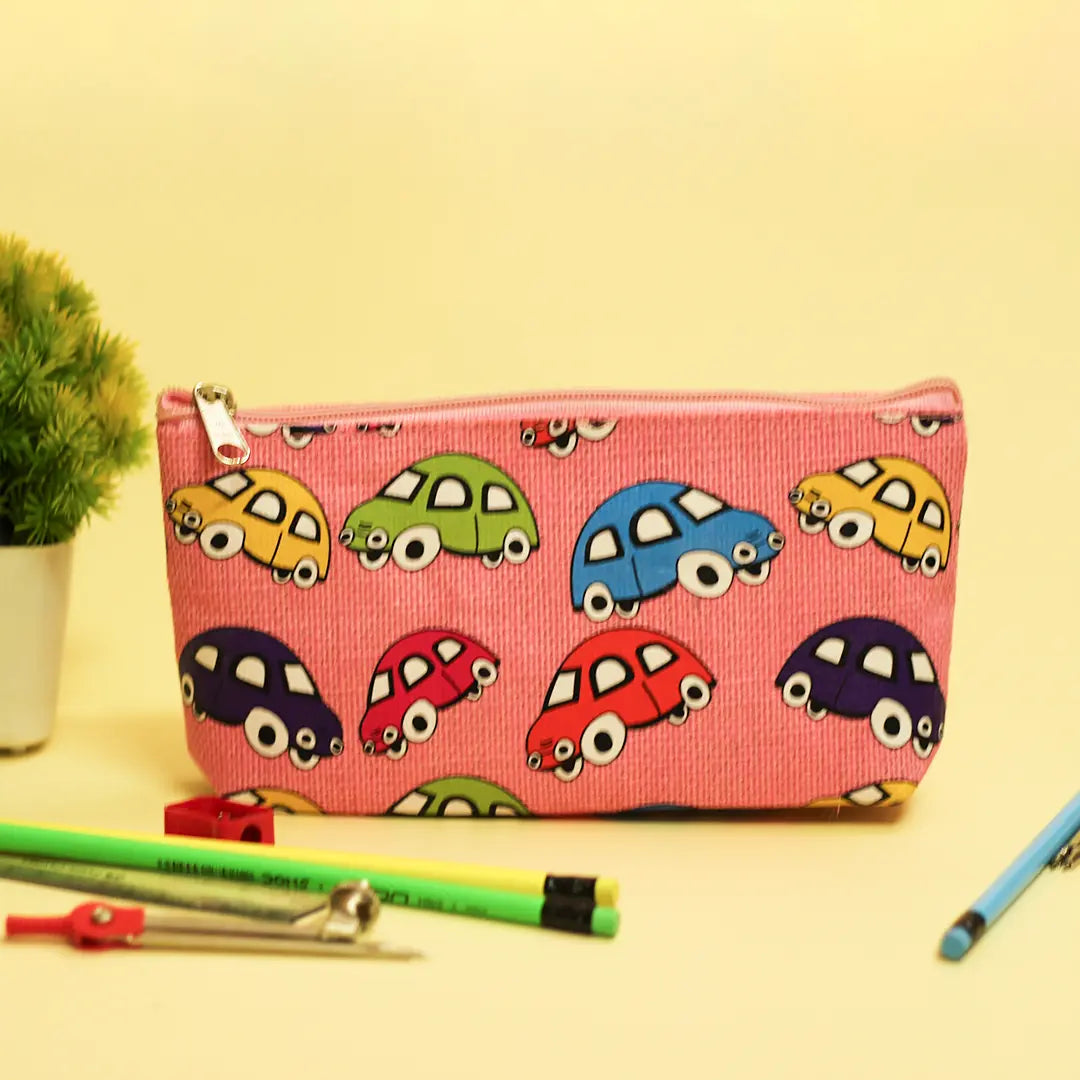 Car Print Single Zip Jute Pouch