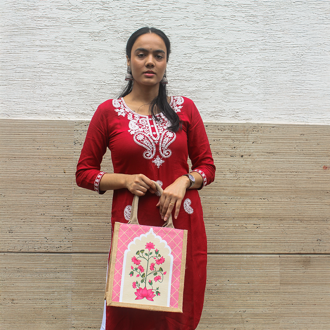 Pichwai Lotus Jharokha Jute Lunch bag