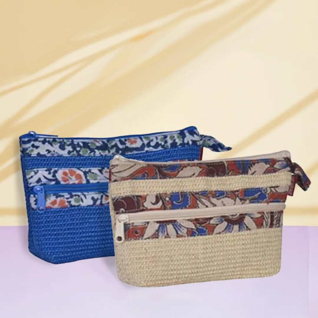 Combo of Jute Dobby Kalamkari 2 Zip Pouches (Blue and Natural)
