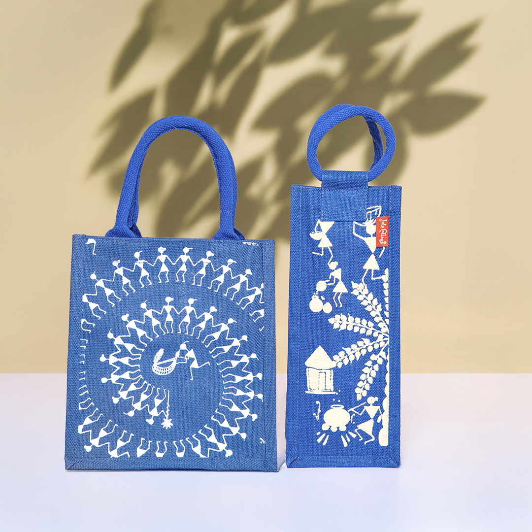Combo of Jute Navy Blue Warli Lunch Bag and Navy Blue Warli Bottle Bag