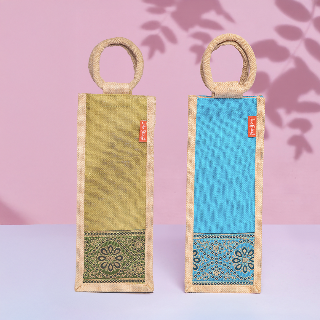 Combo of Bottom Lace Turquoise Blue and Olive Green Jute Bottle Bags