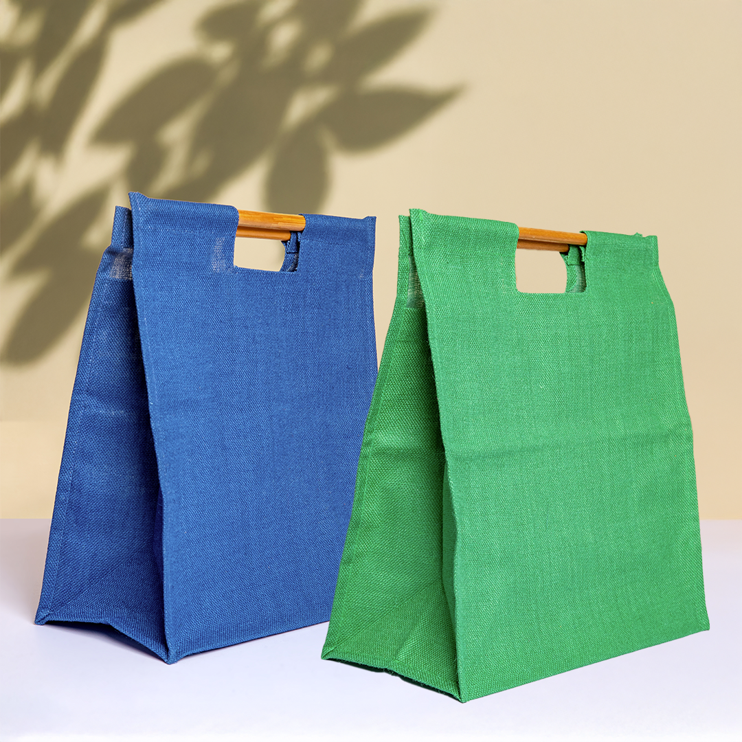 Combo of Jute Bamboo Handle Jumbo Shopping Bags (Blue and Green)