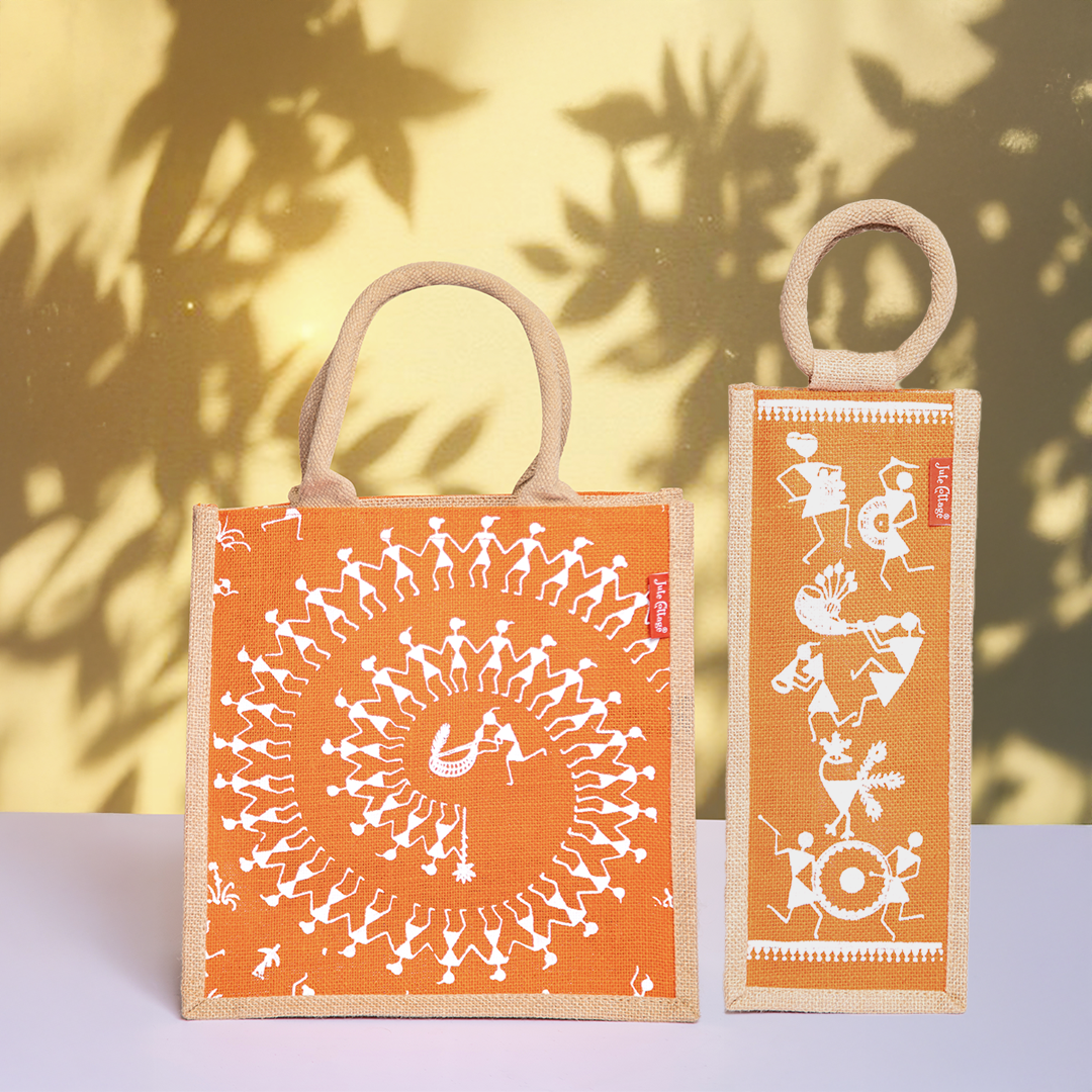 Combo of Jute Orange Warli Lunch Bag and Orange Warli Bottle Bag