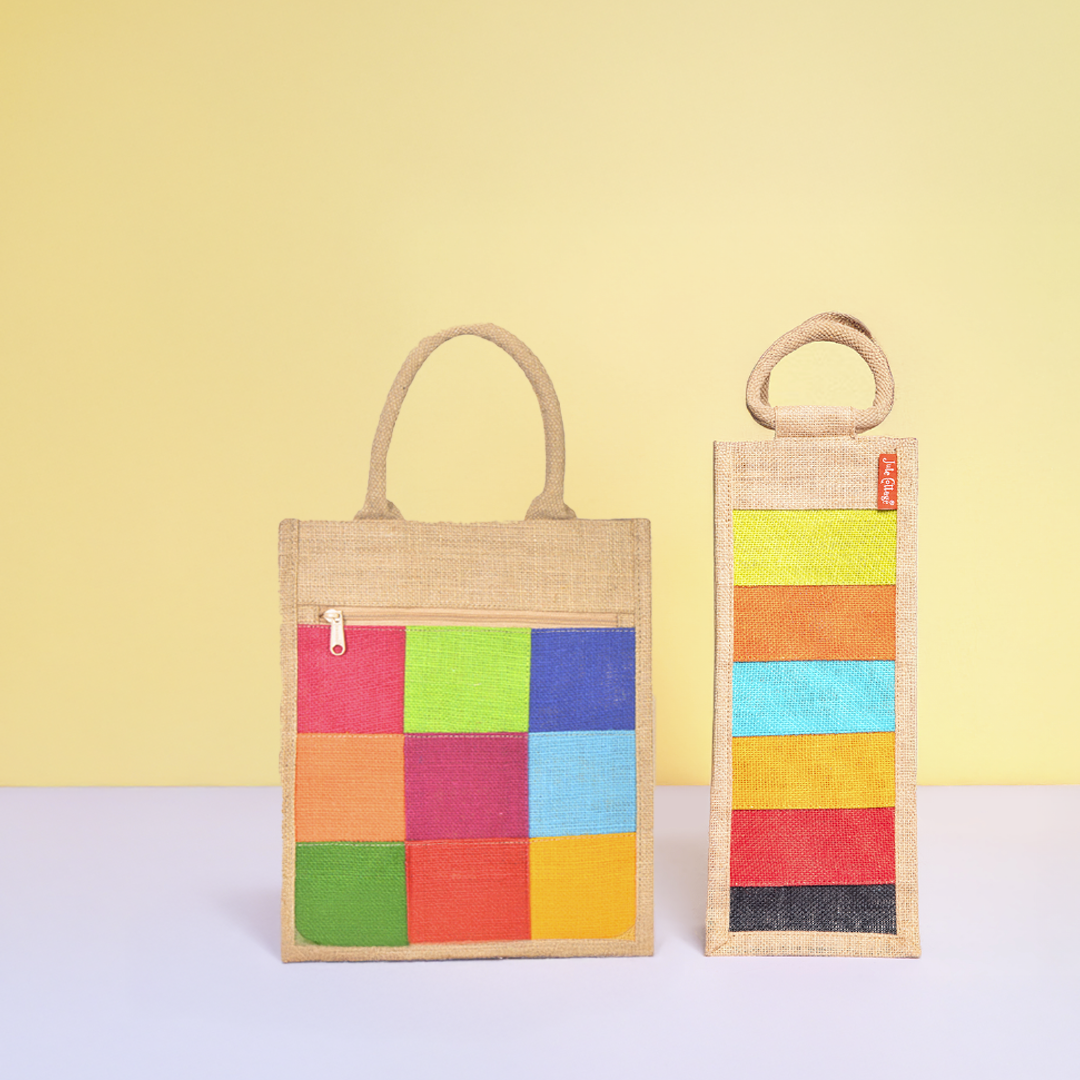 Combo of Jute Multicolor Patchwork Lunch Bag and Multicolor Patchwork Bottle Bag