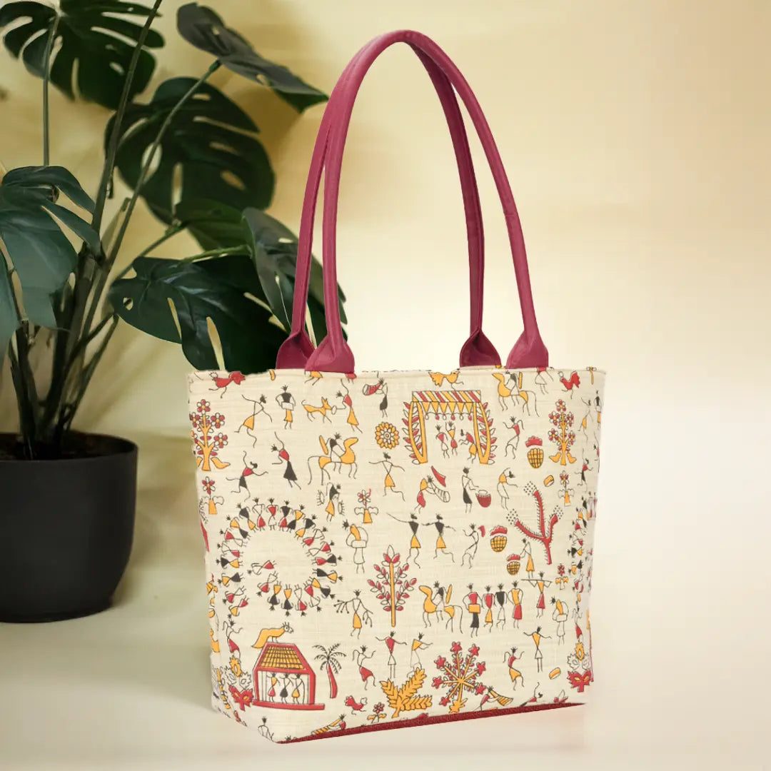 Warli Handbag with maroon handles