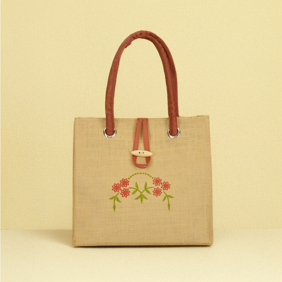 Big eyelet Jute handbag with central motif print