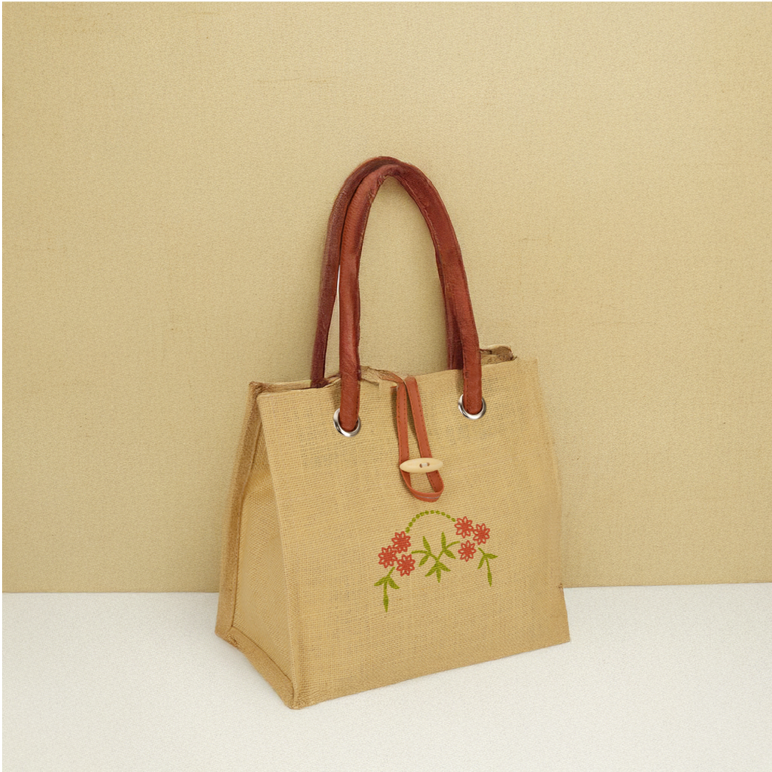 Big eyelet Jute handbag with central motif print