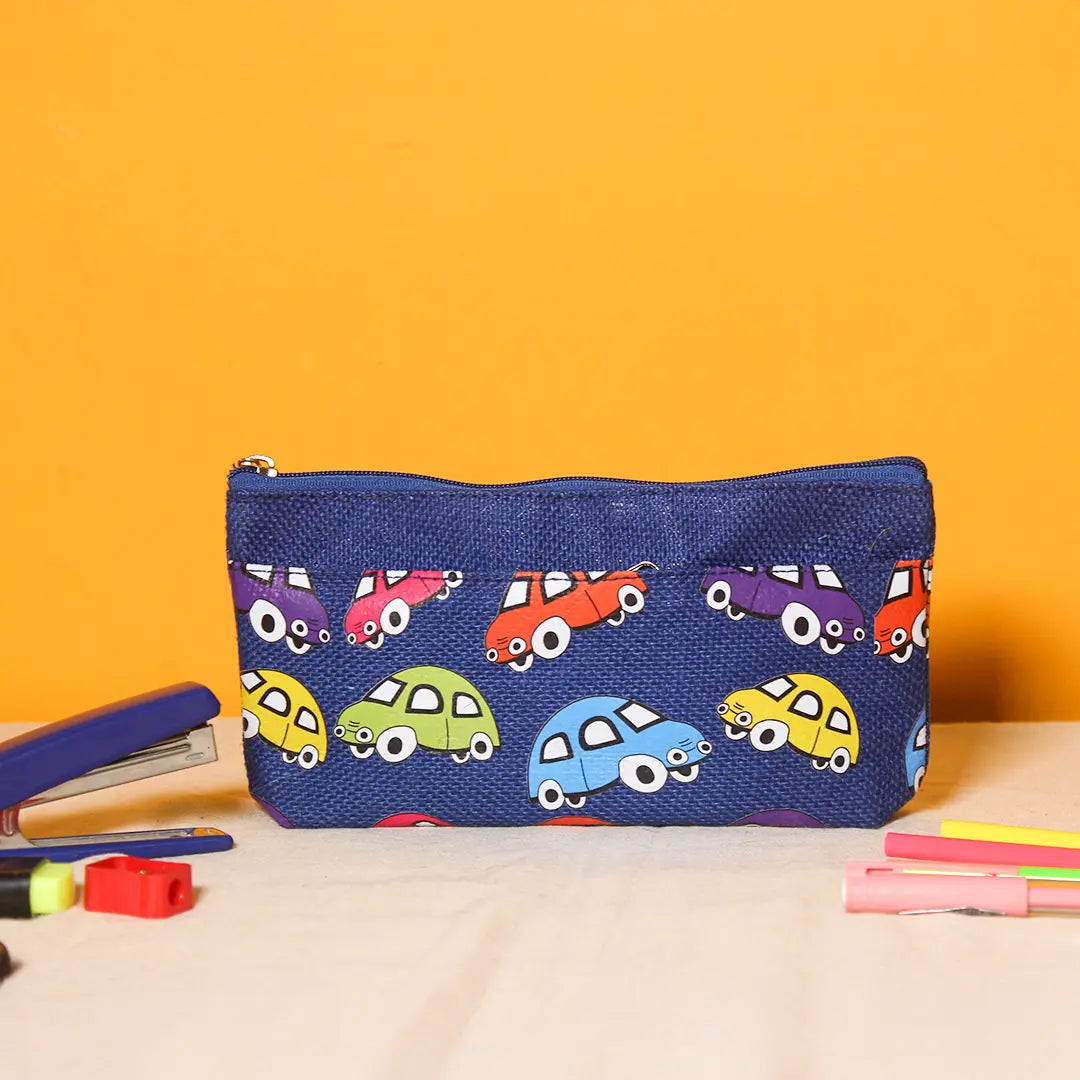 Car print double zip jute pouch