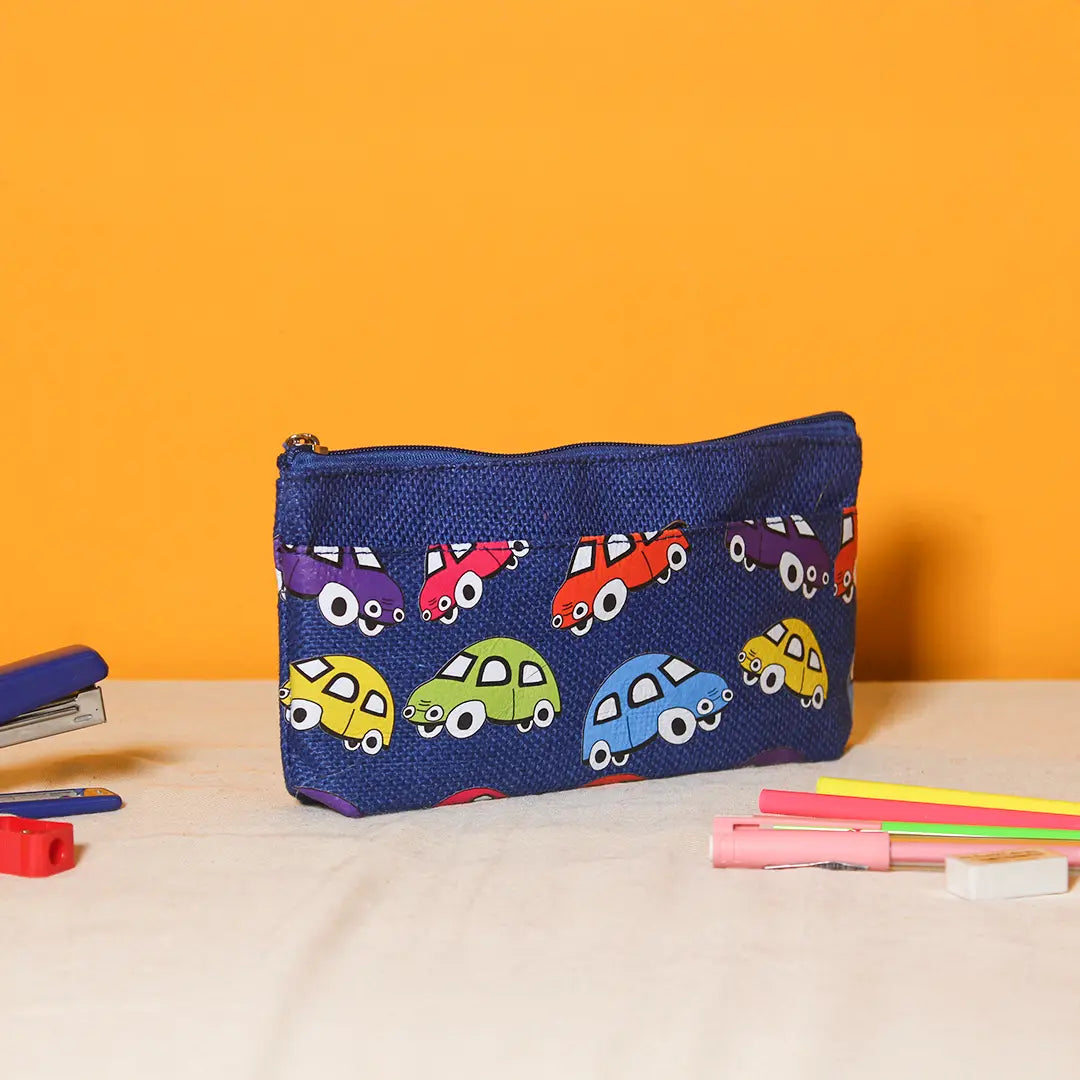 Car print double zip jute pouch