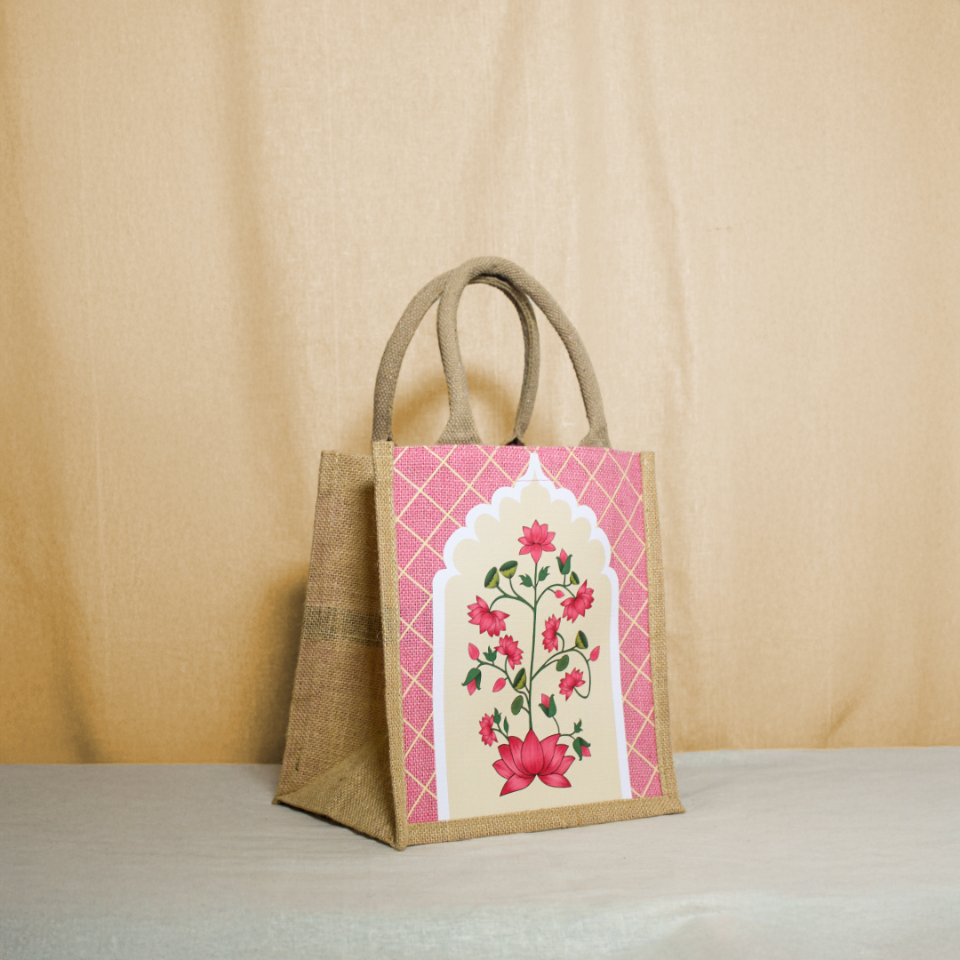 Pichwai Lotus Jharokha Jute Lunch bag