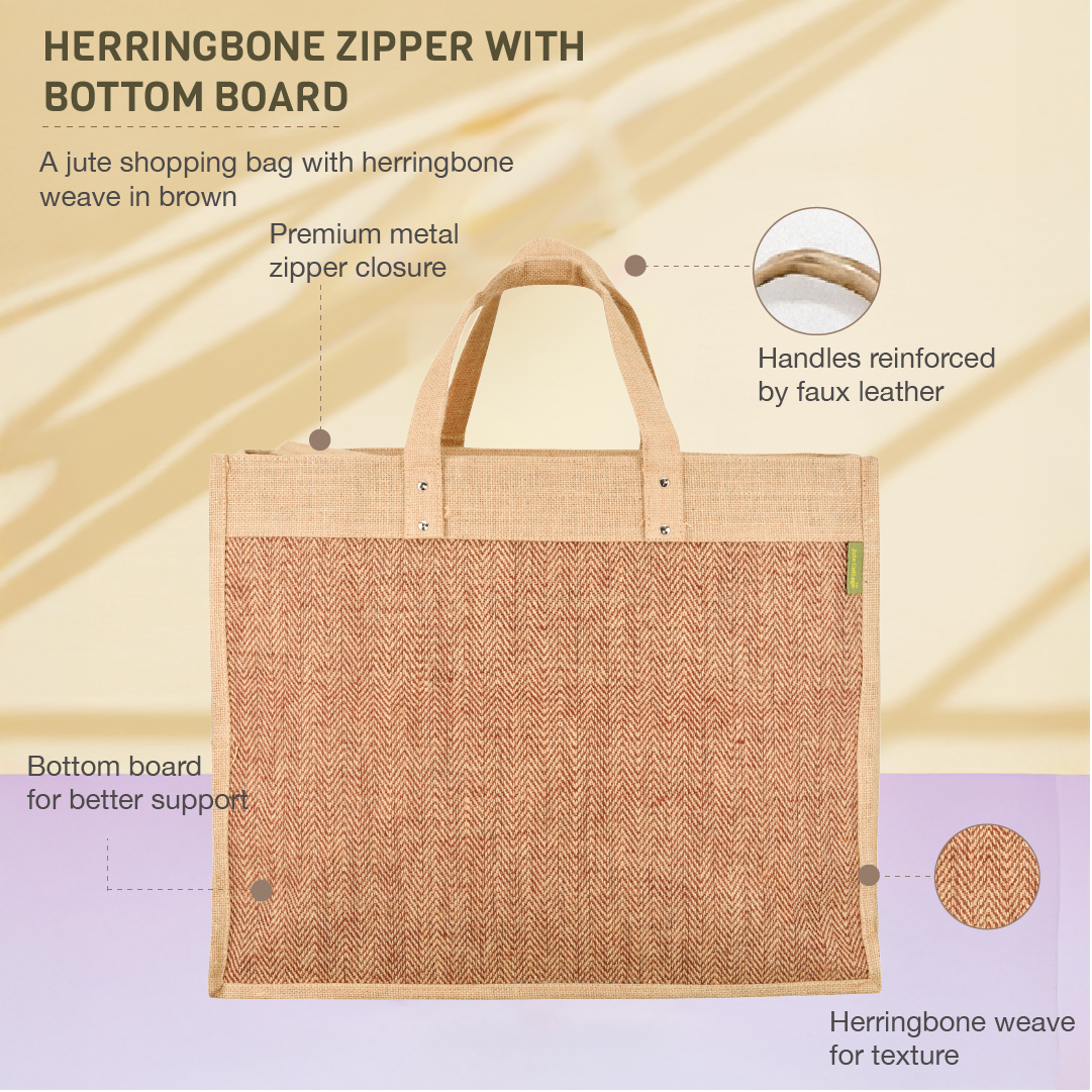 Herringbone Jute Zipper Shopping bag with Bottom board