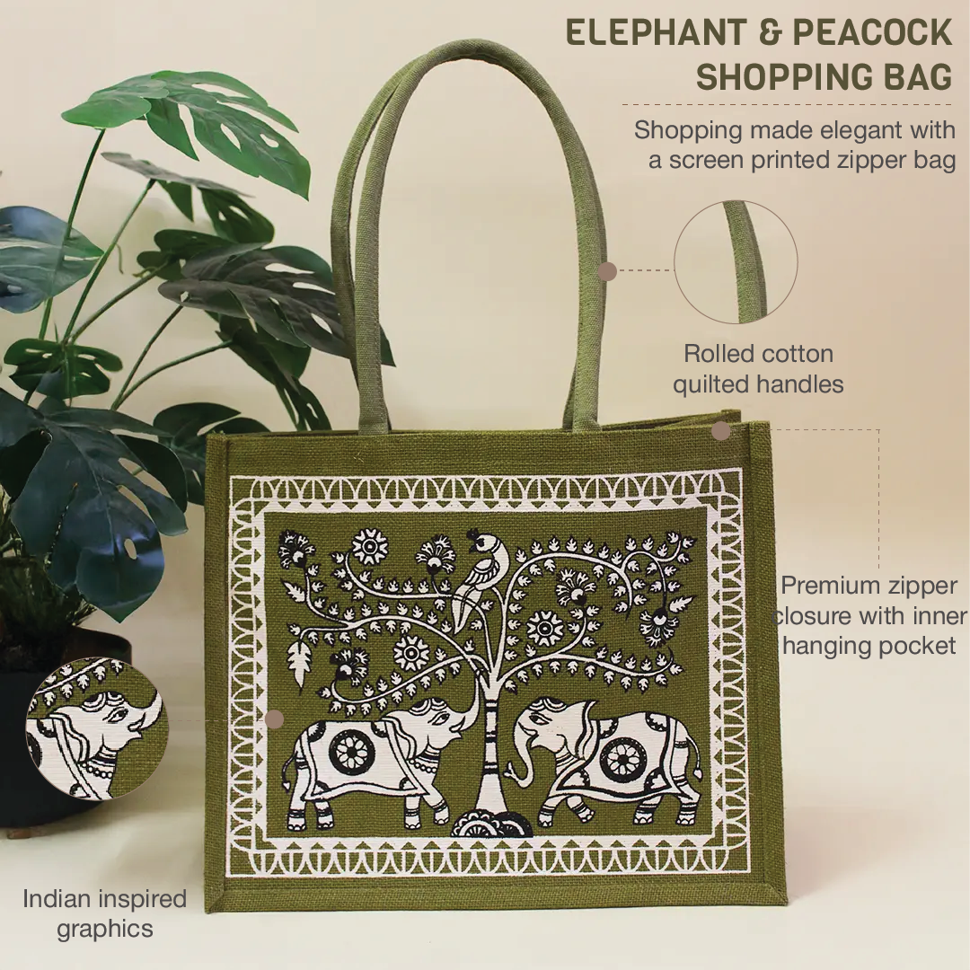 Elephant & Peacock Zipper Shopping Bag